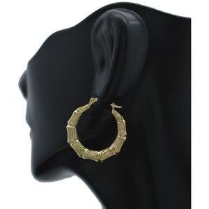 Real 10K Yellow Solid Gold Bamboo Design Hollow Hoop Earrings 23.3 mm 1.7 gr